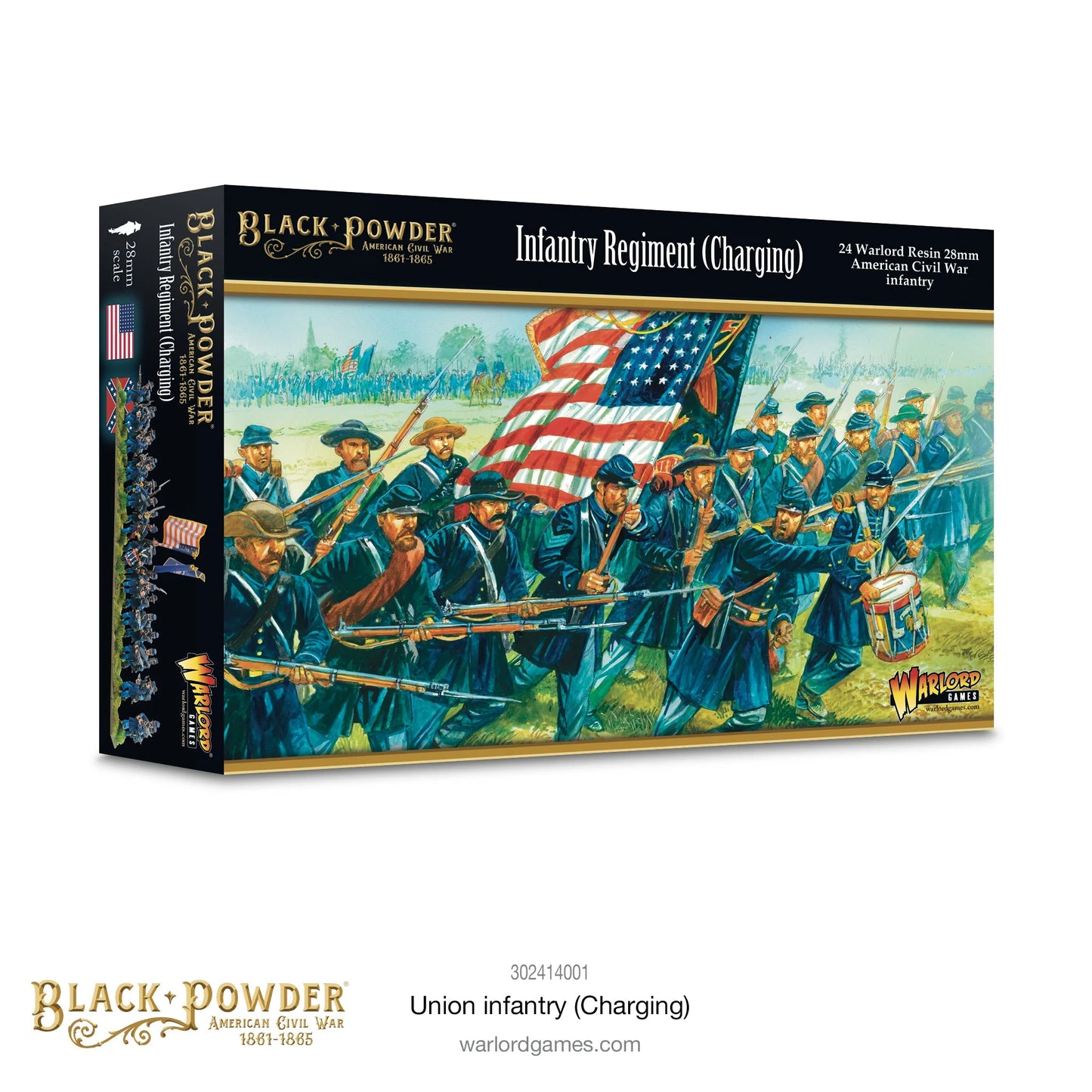 Pudełko zestawu Infantry Regiment Charging 302414001 – Black Powder American Civil War 1861-1865, 24 żywiczne figurki 28mm piechoty Unii w natarciu z flagą Stars and Stripes i bębniarzem, Warlord Games

