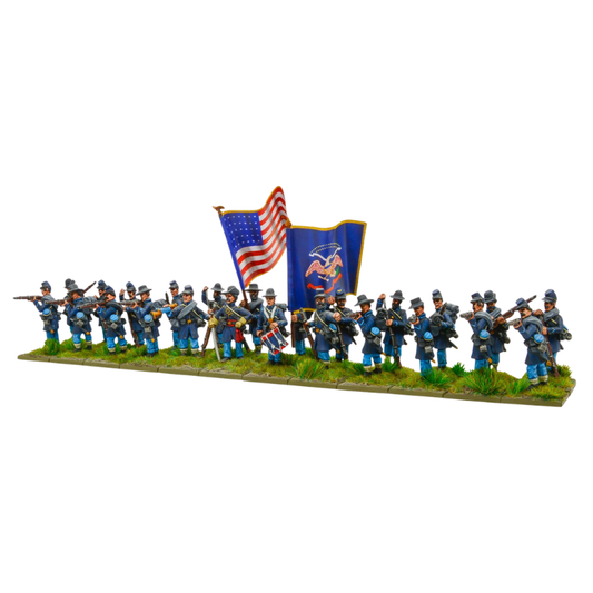 Infantry Regiment Firing Line 302414002 – regiment Unii w niebieskich mundurach z flagą Stars and Stripes i flagą stanową w linii ognia, widok z przodu, 28mm Black Powder American Civil War
