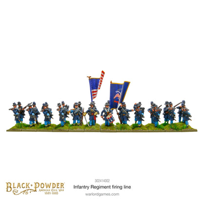 Infantry Regiment Firing Line 302414002 – regiment Unii w niebieskich mundurach z chorążymi niosącymi flagi Stars and Stripes i stanową, widok z przodu pod kątem, 28mm Black Powder ACW
