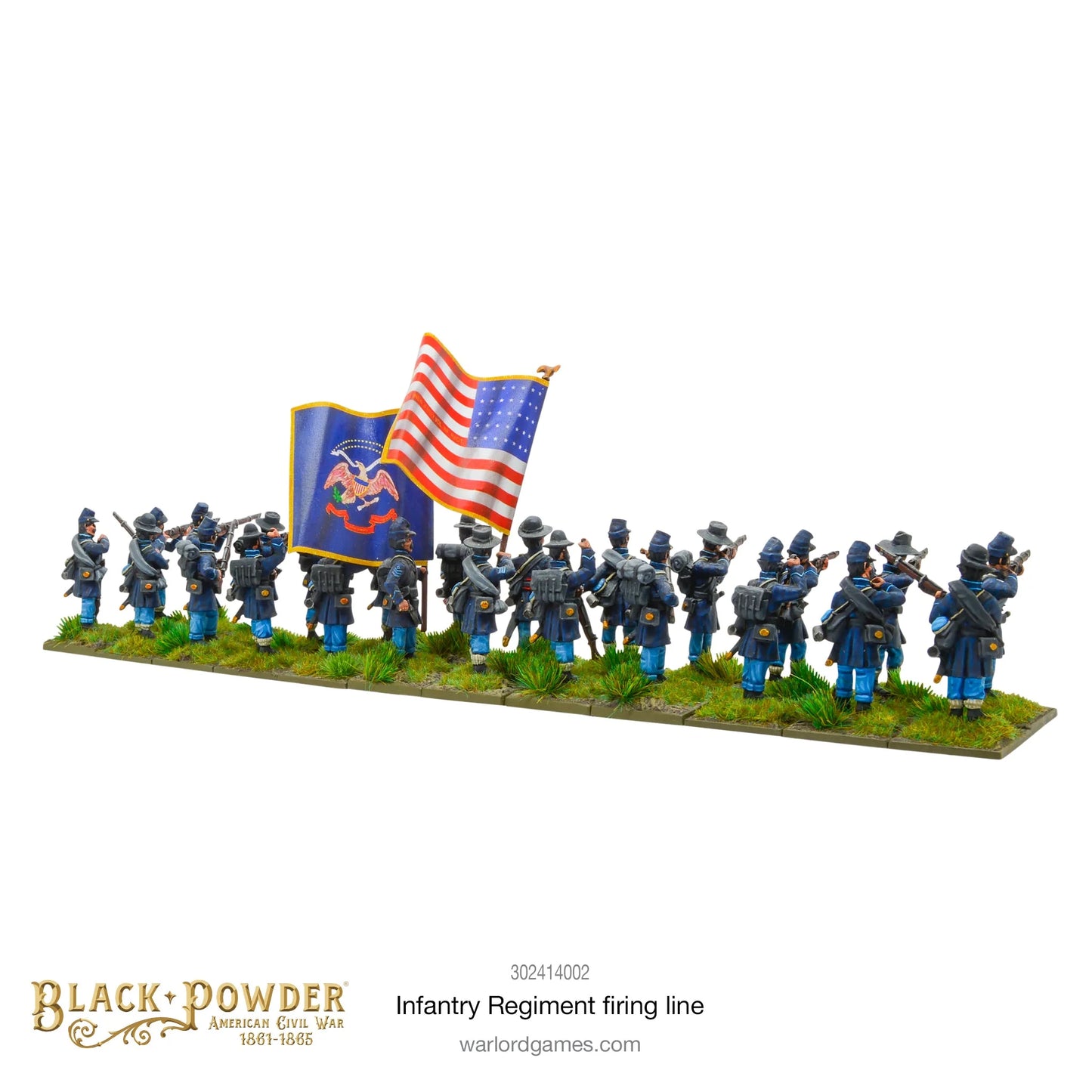 Infantry Regiment Firing Line 302414002 – regiment Unii w niebieskich mundurach z plecakami i flagami, widok z tyłu ukazujący ekwipunek i tornistry żołnierzy, 28mm Black Powder ACW
