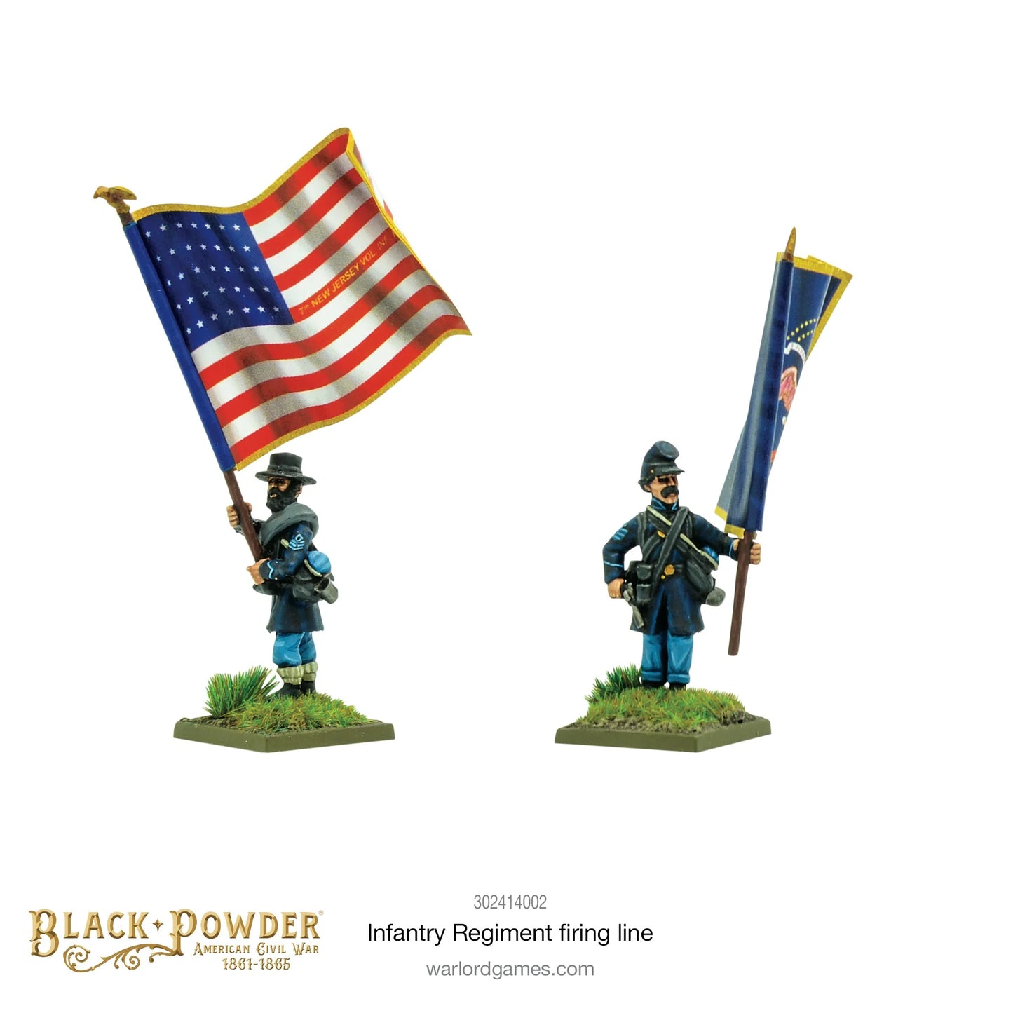 Infantry Regiment Firing Line 302414002 – dwie figurki chorążych Unii: żołnierz z flagą Stars and Stripes 7th New Jersey i żołnierz z niebieską flagą stanową z orłem, 28mm Black Powder ACW
