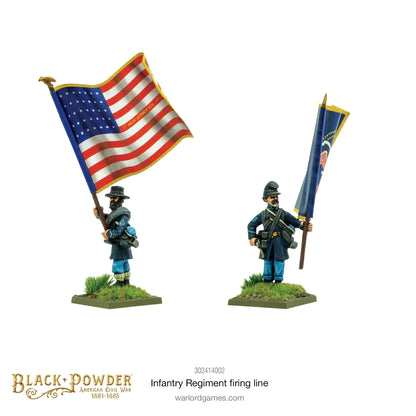 Infantry Regiment Firing Line 302414002 – dwie figurki chorążych Unii: żołnierz z flagą Stars and Stripes 7th New Jersey i żołnierz z niebieską flagą stanową z orłem, 28mm Black Powder ACW
