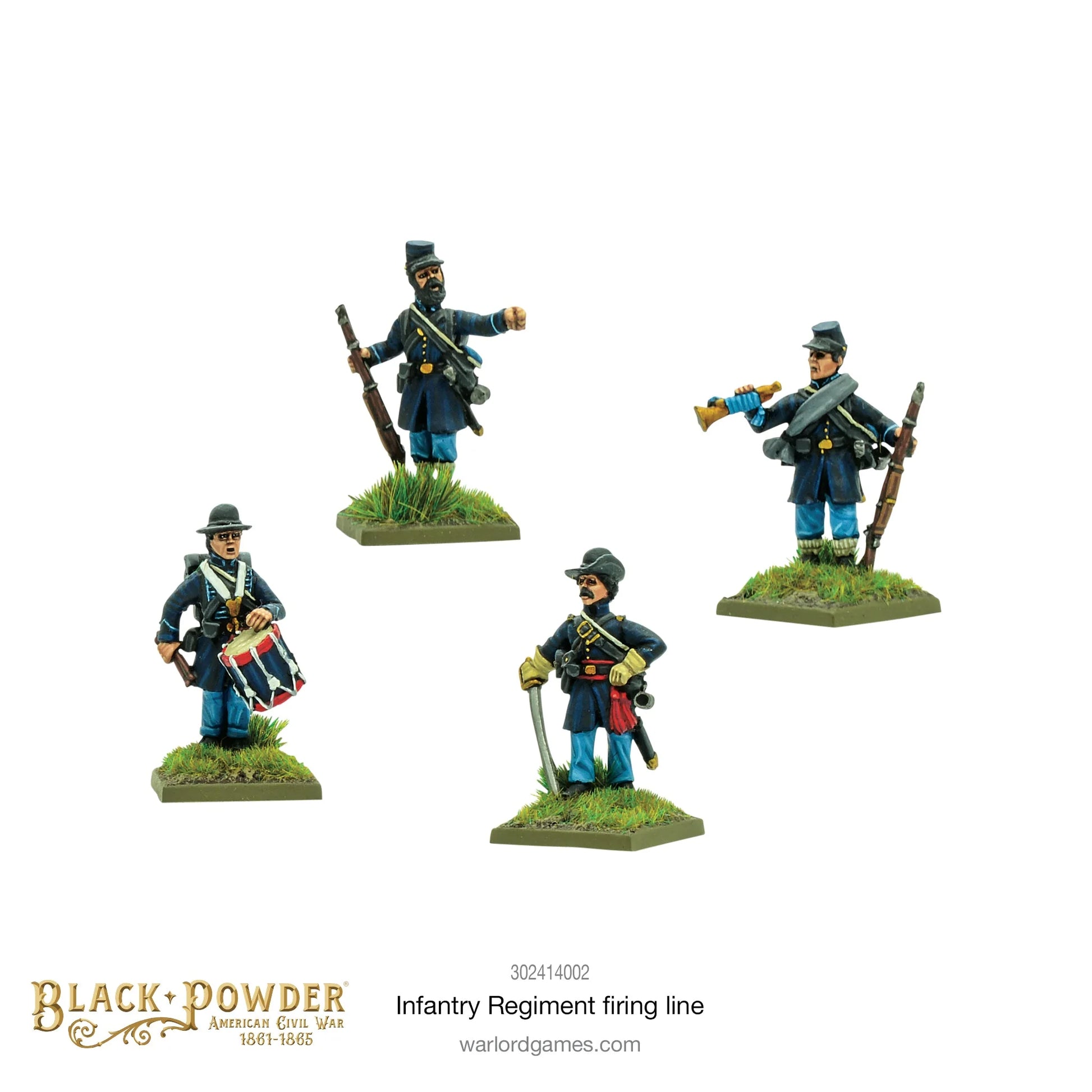 Infantry Regiment Firing Line 302414002 – cztery figurki dowództwa Unii: bębniarz, oficer z szablą, trębacz i sierżant w ciemnoniebieskich mundurach, 28mm Black Powder ACW
