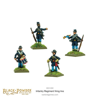 Infantry Regiment Firing Line 302414002 – cztery figurki dowództwa Unii: bębniarz, oficer z szablą, trębacz i sierżant w ciemnoniebieskich mundurach, 28mm Black Powder ACW
