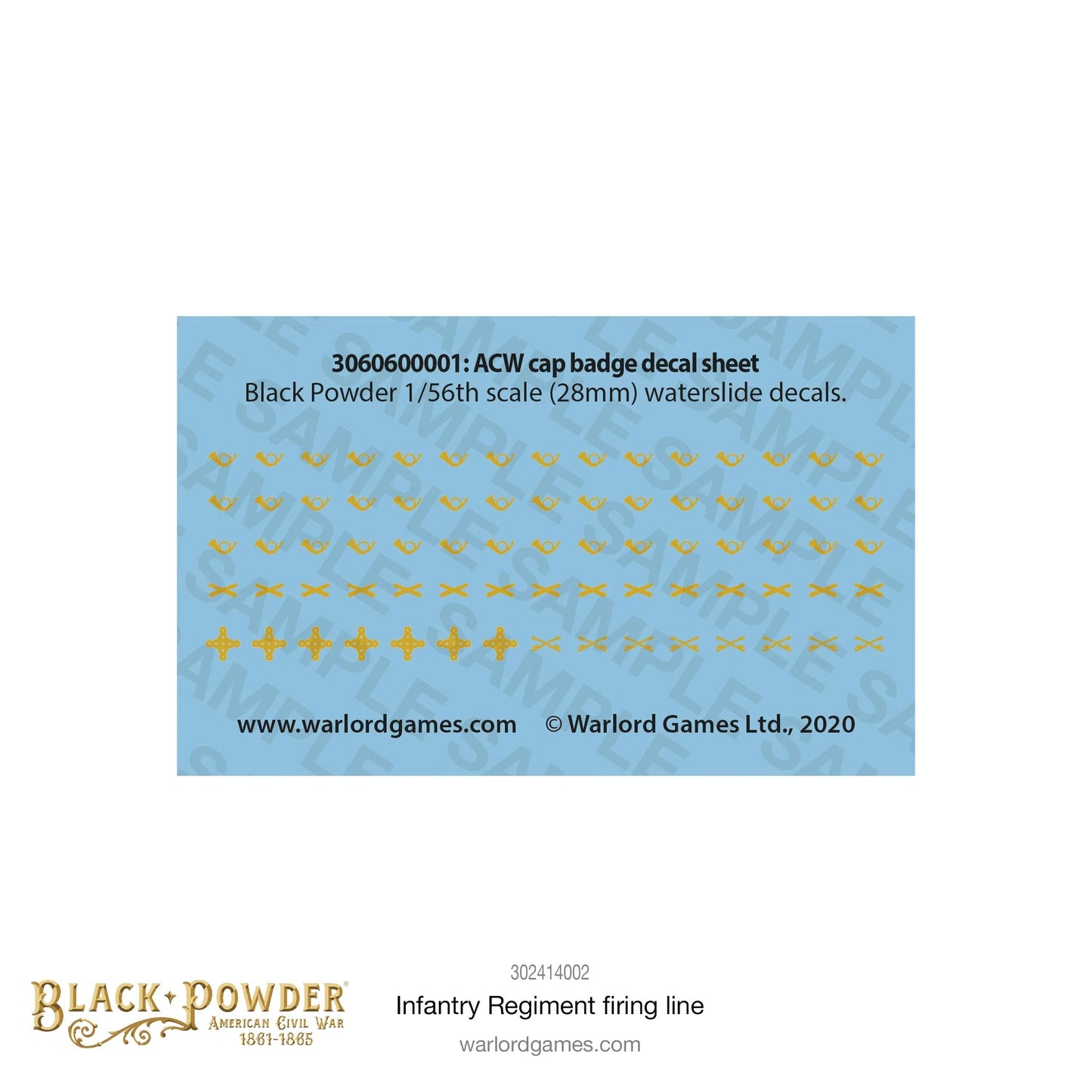 Infantry Regiment Firing Line 302414002 – arkusz naklejek wodnych ACW cap badge decal sheet 3060600001 z kolorowymi odznakami czapkowymi w skali 28mm Black Powder, Warlord Games 2020
