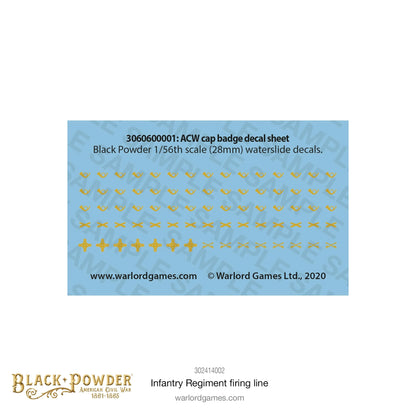 Infantry Regiment Firing Line 302414002 – arkusz naklejek wodnych ACW cap badge decal sheet 3060600001 z kolorowymi odznakami czapkowymi w skali 28mm Black Powder, Warlord Games 2020
