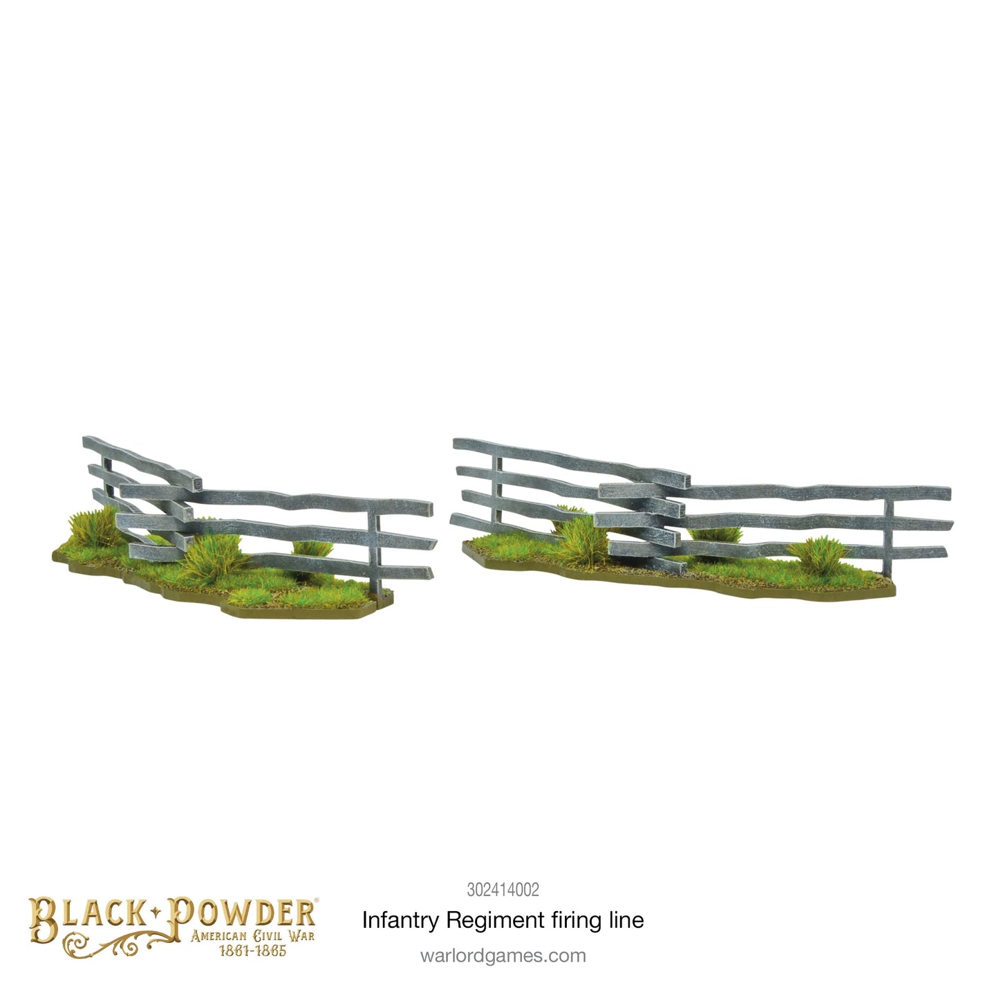Infantry Regiment Firing Line 302414002 – dwa elementy scenerii MDF Snake Fence, drewniany płotek węzłowy na trawiastej podstawce, osłona terenowa do gier bitewnych 28mm Black Powder ACW
