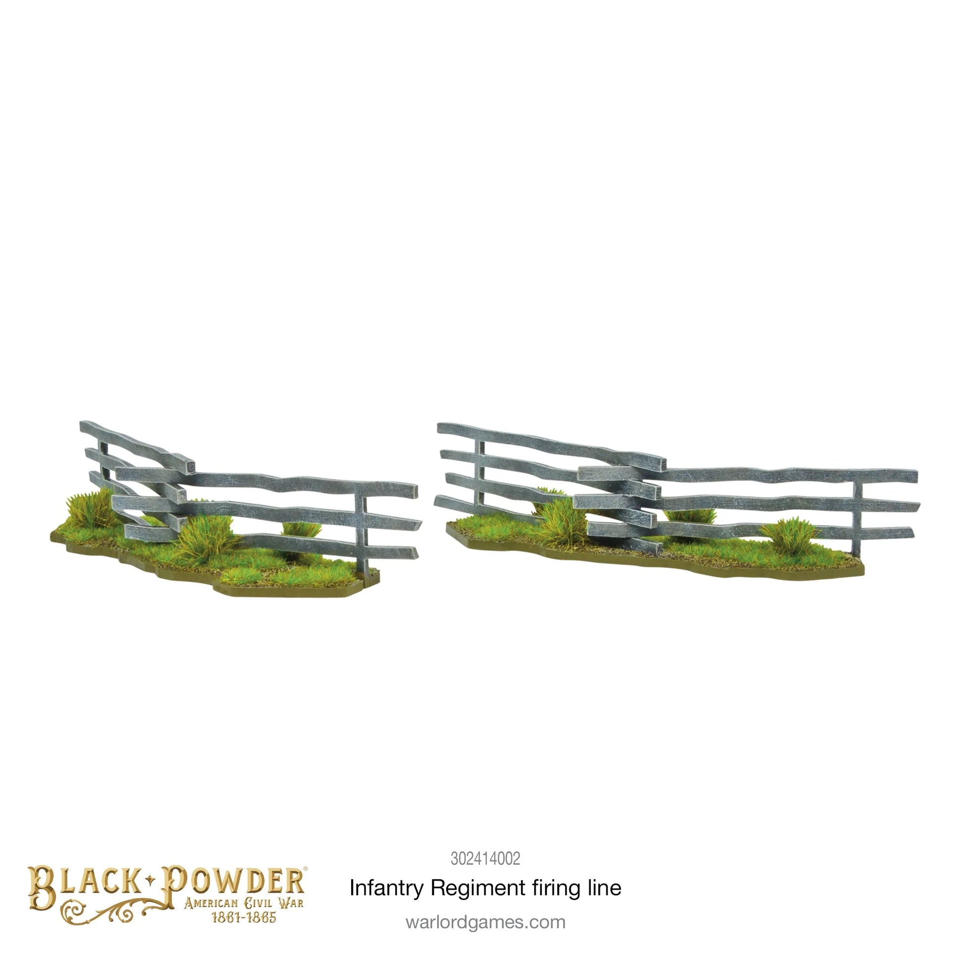 Infantry Regiment Firing Line 302414002 – dwa elementy scenerii MDF Snake Fence, drewniany płotek węzłowy na trawiastej podstawce, osłona terenowa do gier bitewnych 28mm Black Powder ACW
