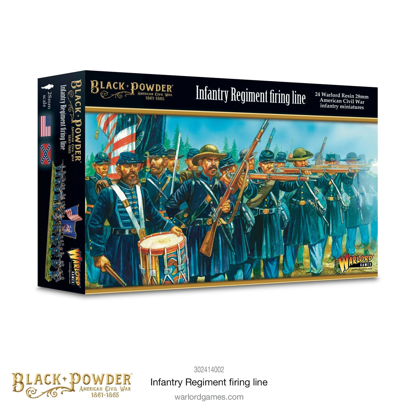 Infantry Regiment Firing Line 302414002 – pudełko zestawu Black Powder ACW z ilustracją regimentu Unii w niebieskich mundurach z karabinami i bębniarzem, 24 żywiczne figurki 28mm American Civil War 1861-1865
