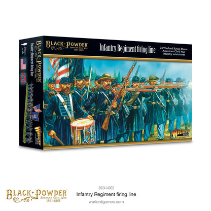Infantry Regiment Firing Line 302414002 – pudełko zestawu Black Powder ACW z ilustracją regimentu Unii w niebieskich mundurach z karabinami i bębniarzem, 24 żywiczne figurki 28mm American Civil War 1861-1865
