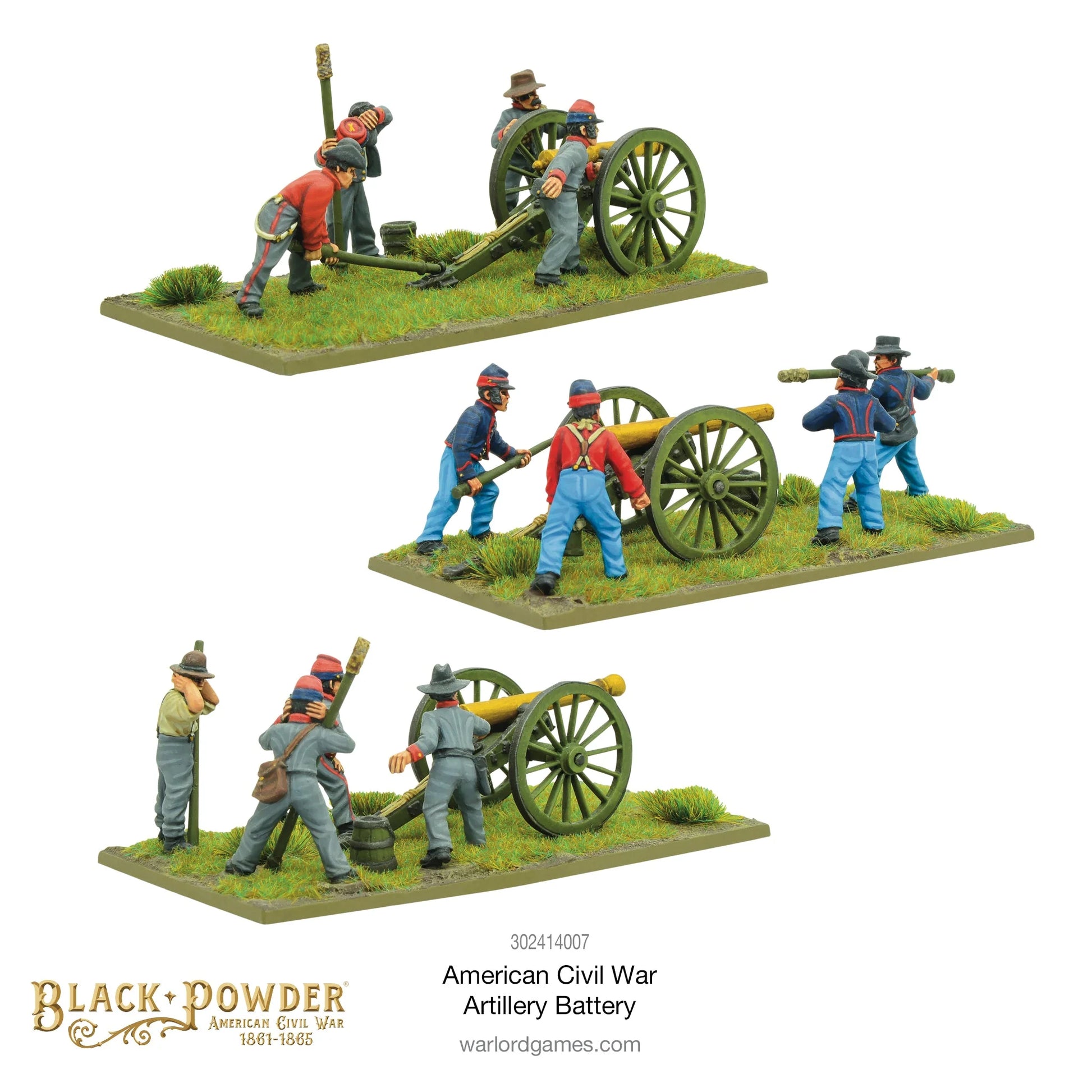 Artillery Battery ACW 302414007 – trzy zestawy artyleryjskie z różnych stron: obsługa Unii i Konfederacji przy armatach Napoleon, widok z przodu i z tyłu, 28mm Black Powder American Civil War 1861-1865
