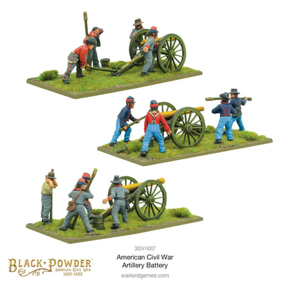 Artillery Battery ACW 302414007 – trzy zestawy artyleryjskie z różnych stron: obsługa Unii i Konfederacji przy armatach Napoleon, widok z przodu i z tyłu, 28mm Black Powder American Civil War 1861-1865

