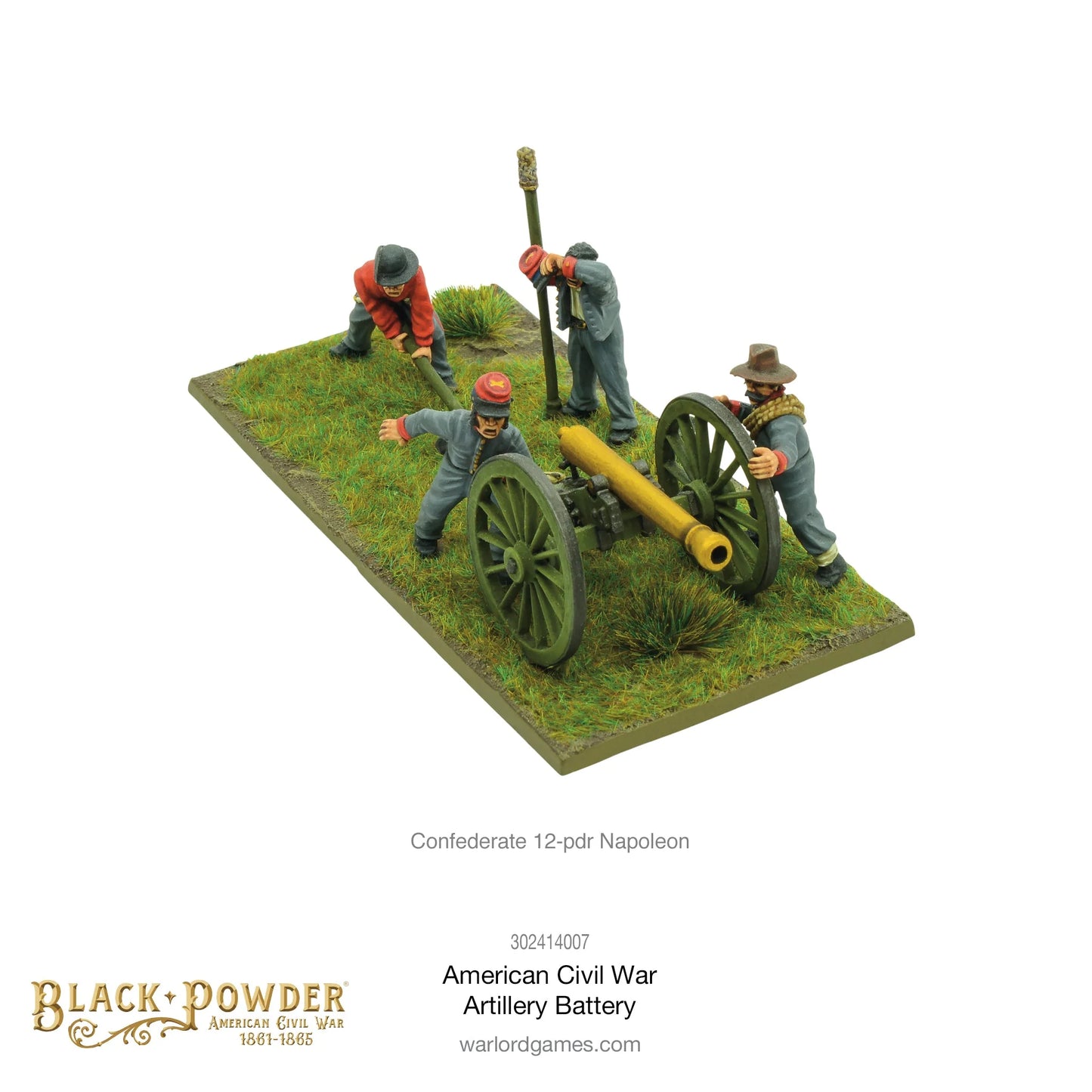 Artillery Battery ACW 302414007 – armata Konfederacji 12-funtowy Napoleon z czteroosobową obsługą w szarych mundurach z czerwonymi czapkami, widok z góry, 28mm Black Powder American Civil War
