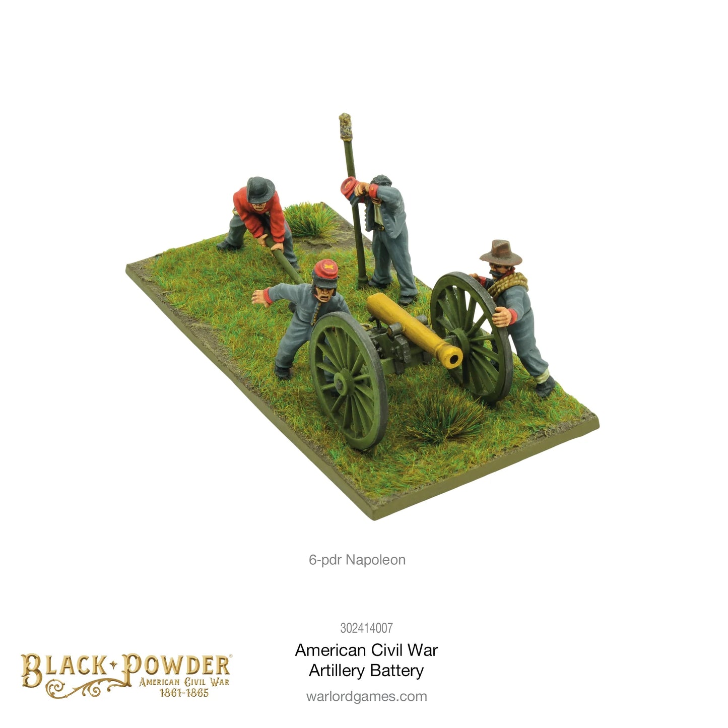 Artillery Battery ACW 302414007 – armata Konfederacji 6-funtowy Napoleon z czteroosobową obsługą w szarych mundurach z czerwonymi czapkami, widok z boku, 28mm Black Powder ACW
