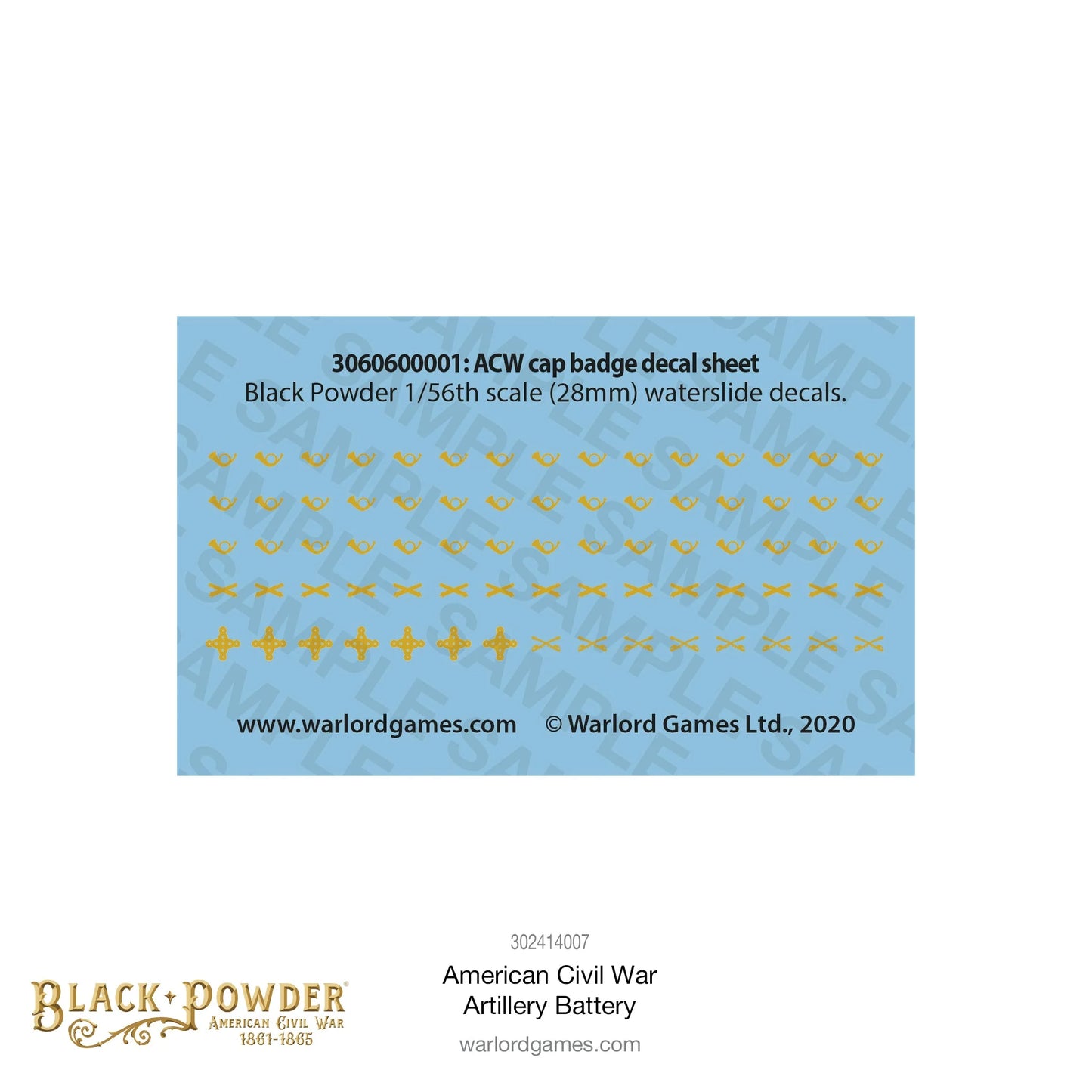 Artillery Battery ACW 302414007 – arkusz naklejek wodnych ACW cap badge decal sheet 3060600001 ze złotymi odznakami czapkowymi w skali 28mm Black Powder, Warlord Games 2020
