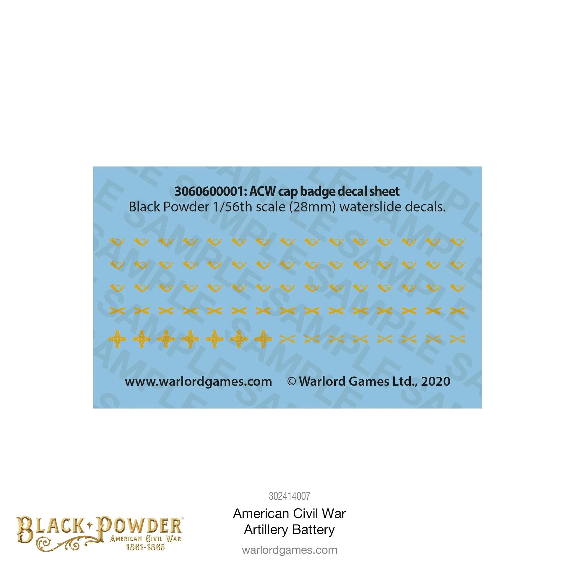 Artillery Battery ACW 302414007 – arkusz naklejek wodnych ACW cap badge decal sheet 3060600001 ze złotymi odznakami czapkowymi w skali 28mm Black Powder, Warlord Games 2020
