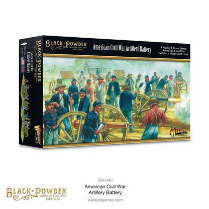 Pudełko zestawu Artillery Battery ACW 302414007 – Black Powder American Civil War 1861-1865, 3 żywiczne armaty 28mm z obsługą Unii i Konfederacji, ilustracja baterii artyleryjskiej w akcji, Warlord Games
