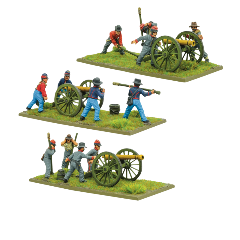 Artillery Battery ACW 302414007 – trzy zestawy artyleryjskie: obsługa Unii i Konfederacji przy armatach 12-funtowych Napoleon w niebieskich i szarych mundurach z czerwonymi wyłożeniami, 28mm Black Powder ACW
