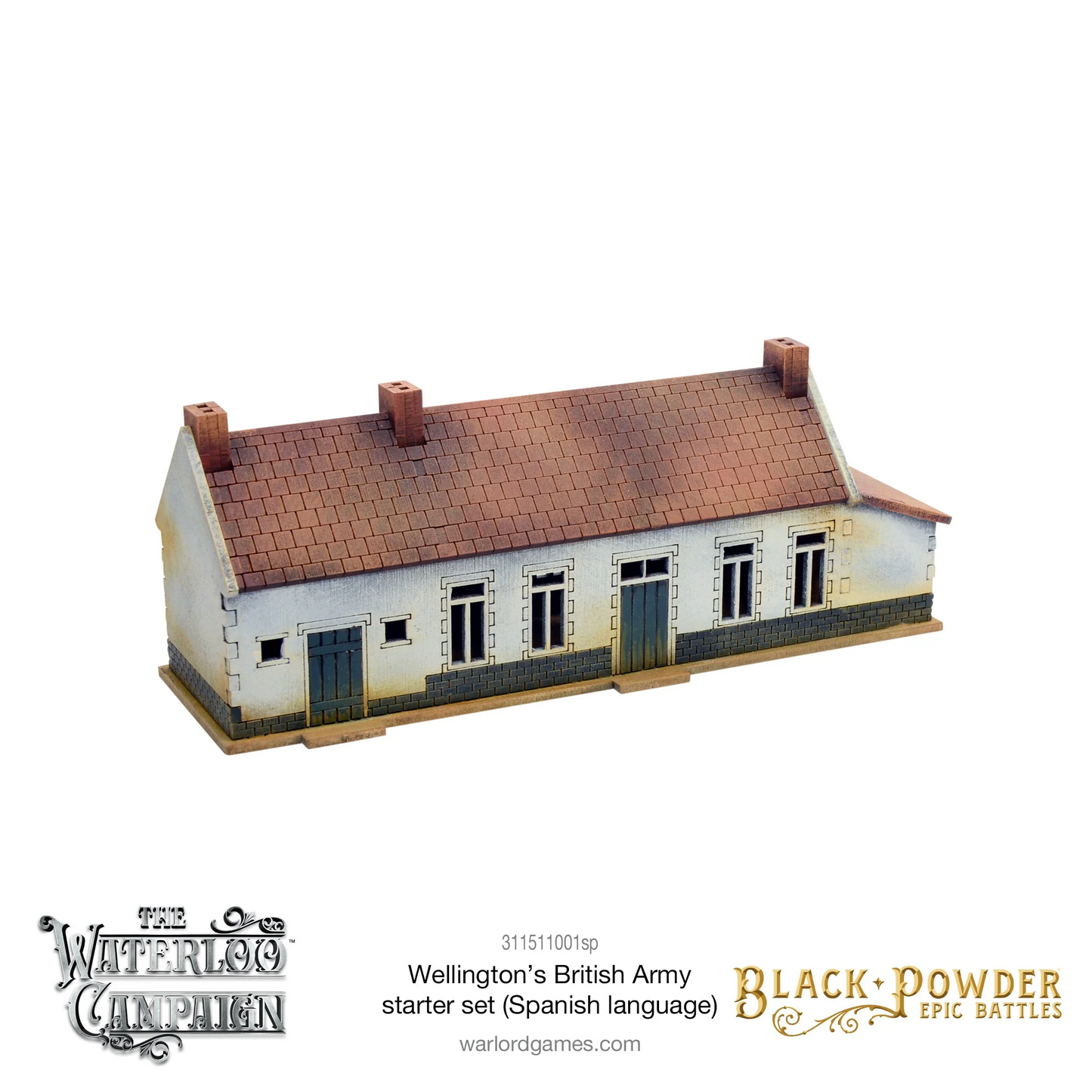 Black Powder Epic Battles Waterloo Wellington's British Army Starter Set - pomalowany model budynku La Belle Alliance z laser-cut MDF: biały tynk, ceglany dach dwuspadowy z czterema kominami, szare drzwi i okna z kamiennymi obramowaniami, cokół z kamiennych bloków - Warlord Games 311511001 - warlordgames.com
