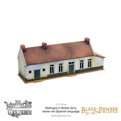 Black Powder Epic Battles Waterloo Wellington's British Army Starter Set - pomalowany model budynku La Belle Alliance z laser-cut MDF: biały tynk, ceglany dach dwuspadowy z czterema kominami, szare drzwi i okna z kamiennymi obramowaniami, cokół z kamiennych bloków - Warlord Games 311511001 - warlordgames.com
