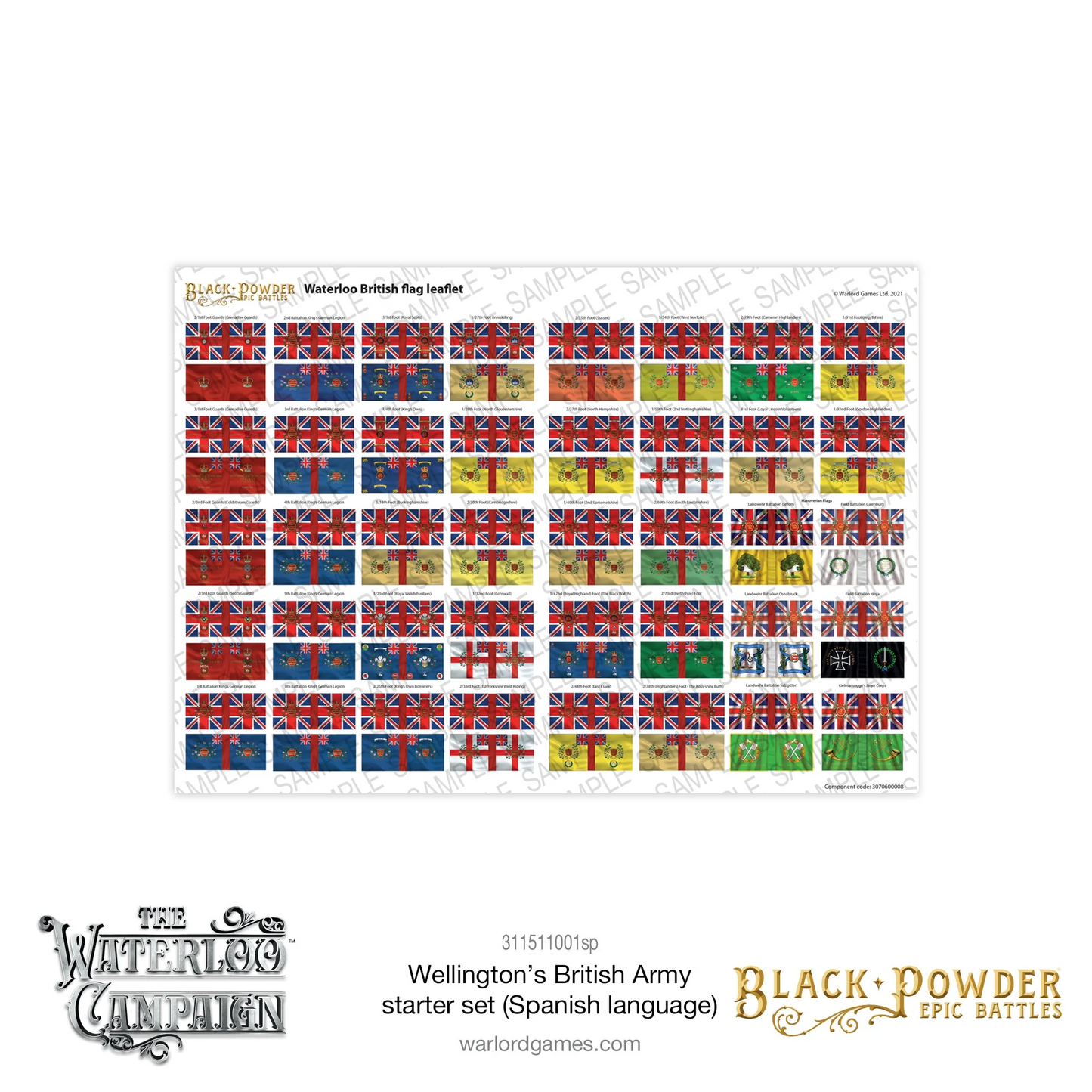 Black Powder Epic Battles Waterloo Wellington's British Army Starter Set - arkusz flag brytyjskich Waterloo British Flag Leaflet z dziesiątkami kolorowych flag regimentów: King's Colours z Union Jack i Regimental Colours w różnych kolorach dla poszczególnych regimentów piechoty liniowej, Highlanders i innych jednostek - Warlord Games 311511001 - warlordgames.com
