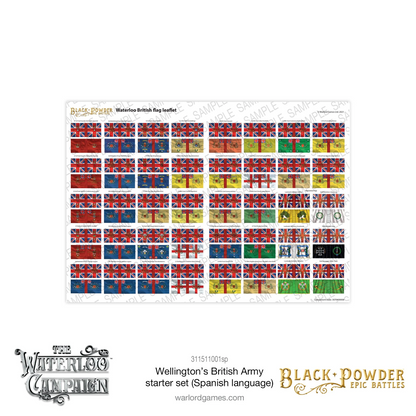 Black Powder Epic Battles Waterloo Wellington's British Army Starter Set - arkusz flag brytyjskich Waterloo British Flag Leaflet z dziesiątkami kolorowych flag regimentów: King's Colours z Union Jack i Regimental Colours w różnych kolorach dla poszczególnych regimentów piechoty liniowej, Highlanders i innych jednostek - Warlord Games 311511001 - warlordgames.com
