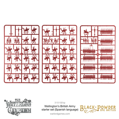 Black Powder Epic Battles Waterloo Wellington's British Army Starter Set - trzy czerwone sprusy plastikowe: lewy z kawalerią konną, armatami i dowódcami, środkowy z kawalerią i armatami, prawy z rzędami piechoty liniowej i strzelców - figurki 15mm nieskładane - Warlord Games 311511001 - warlordgames.com
