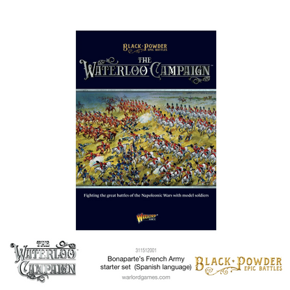 Black Powder Epic Battles Waterloo - okładka książki zasad The Waterloo Campaign na granatowym tle z ilustracją przedstawiającą starcie brytyjskiej kawalerii w czerwonych mundurach z francuską piechotą w niebieskich mundurach - napis Fighting the great battles of the Napoleonic Wars with model soldiers - Warlord Games 311512001 - warlordgames.com
