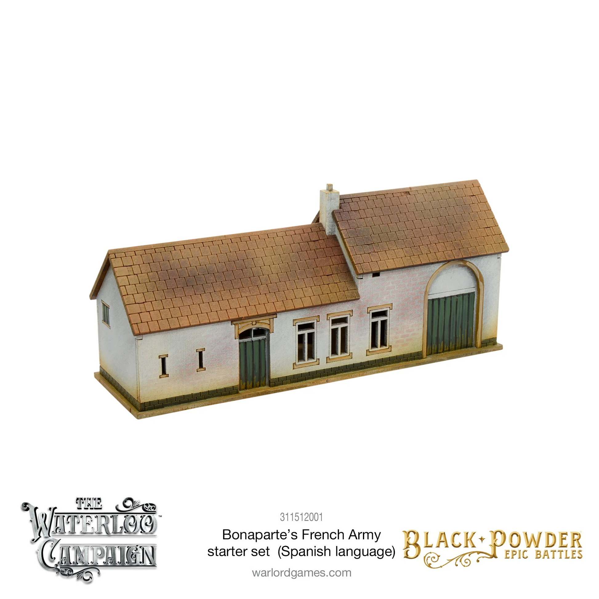 Black Powder Epic Battles Waterloo Bonaparte's French Army Starter Set - pomalowany model budynku Decoster House z laser-cut MDF: biały tynk, ceglany dach dwuspadowy z kominem, zielone drzwi i okna z kamiennymi obramowaniami, łukowe wejście do stajni - Warlord Games 311512001 - warlordgames.com
