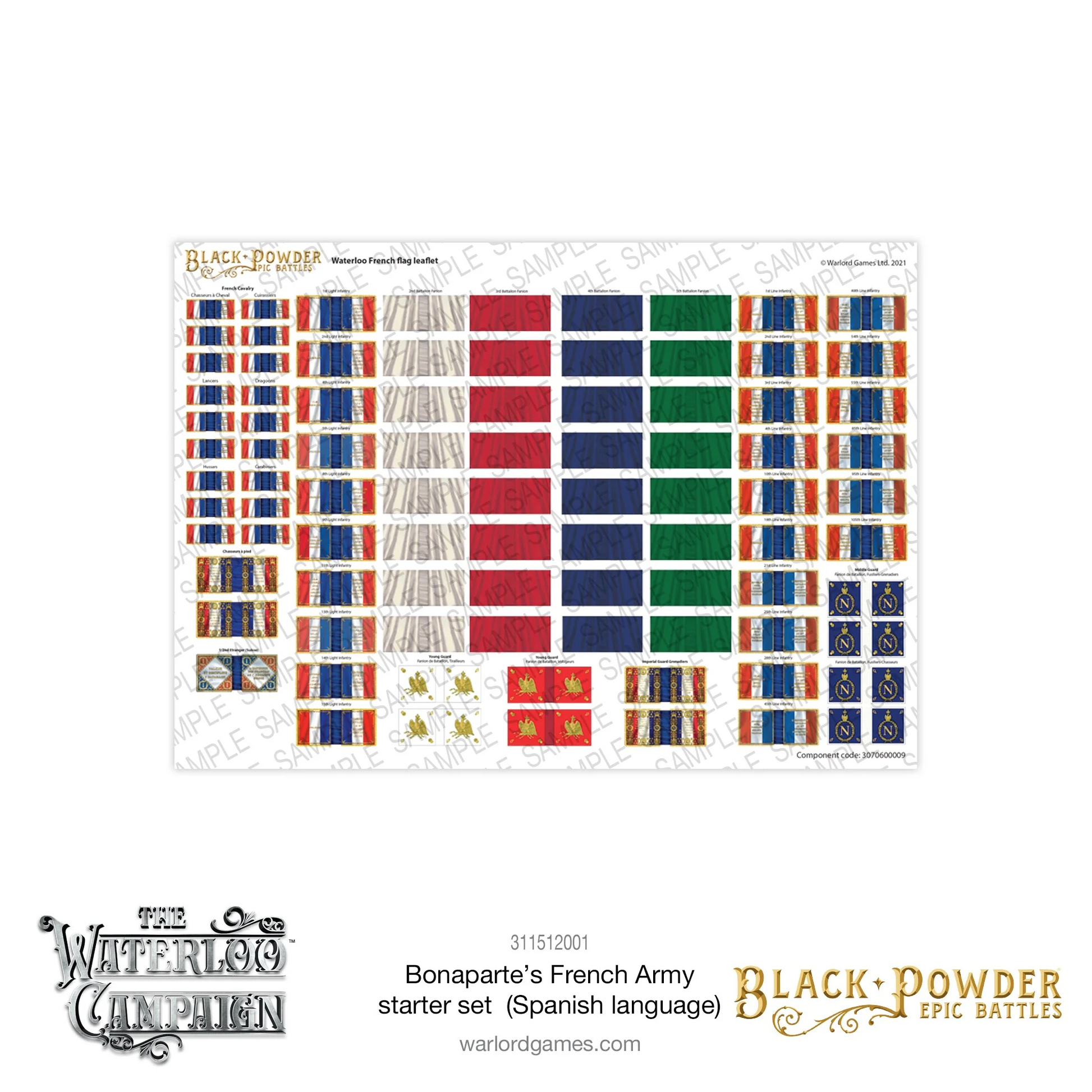 Black Powder Epic Battles Waterloo Bonaparte's French Army Starter Set - arkusz flag francuskich Waterloo French Flag Leaflet z dziesiątkami kolorowych flag: niebiesko-biało-czerwone flagi kawalerii (Chasseurs à Cheval, Cuirassiers, Carabiniers, Lancers, Dragoons, Hussars), białe i kolorowe flagi piechoty liniowej, złote orły Imperial Guard i niebieskie znaczniki dowódców z literą N - Warlord Games 311512001 - warlordgames.com
