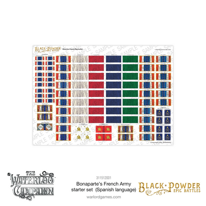 Black Powder Epic Battles Waterloo Bonaparte's French Army Starter Set - arkusz flag francuskich Waterloo French Flag Leaflet z dziesiątkami kolorowych flag: niebiesko-biało-czerwone flagi kawalerii (Chasseurs à Cheval, Cuirassiers, Carabiniers, Lancers, Dragoons, Hussars), białe i kolorowe flagi piechoty liniowej, złote orły Imperial Guard i niebieskie znaczniki dowódców z literą N - Warlord Games 311512001 - warlordgames.com
