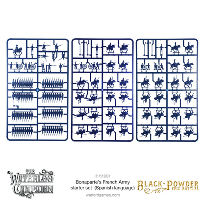 Black Powder Epic Battles Waterloo Bonaparte's French Army Starter Set - trzy niebieskie sprusy plastikowe: lewy z rzędami piechoty liniowej, woltyżerów i armatami z obsługą, środkowy z kawalerią konną w różnych pozach i armatami, prawy z kawalerią ciężką i lekką - figurki 15mm niezłożone - Warlord Games 311512001 - warlordgames.com
