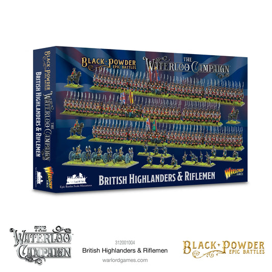 Black Powder Epic Battles Waterloo British Highlanders & Riflemen - pudełko zestawu na granatowym tle z Union Jack z fotografią 3 regimentów Highlanders w tartanowych mundurach z bagnetami, 95th Rifles w zielonych mundurach, haubic Royal Artillery i dowódców konnych - napis British Highlanders & Riflemen The Waterloo Campaign - Warlord Games 312001004 - warlordgames.com
