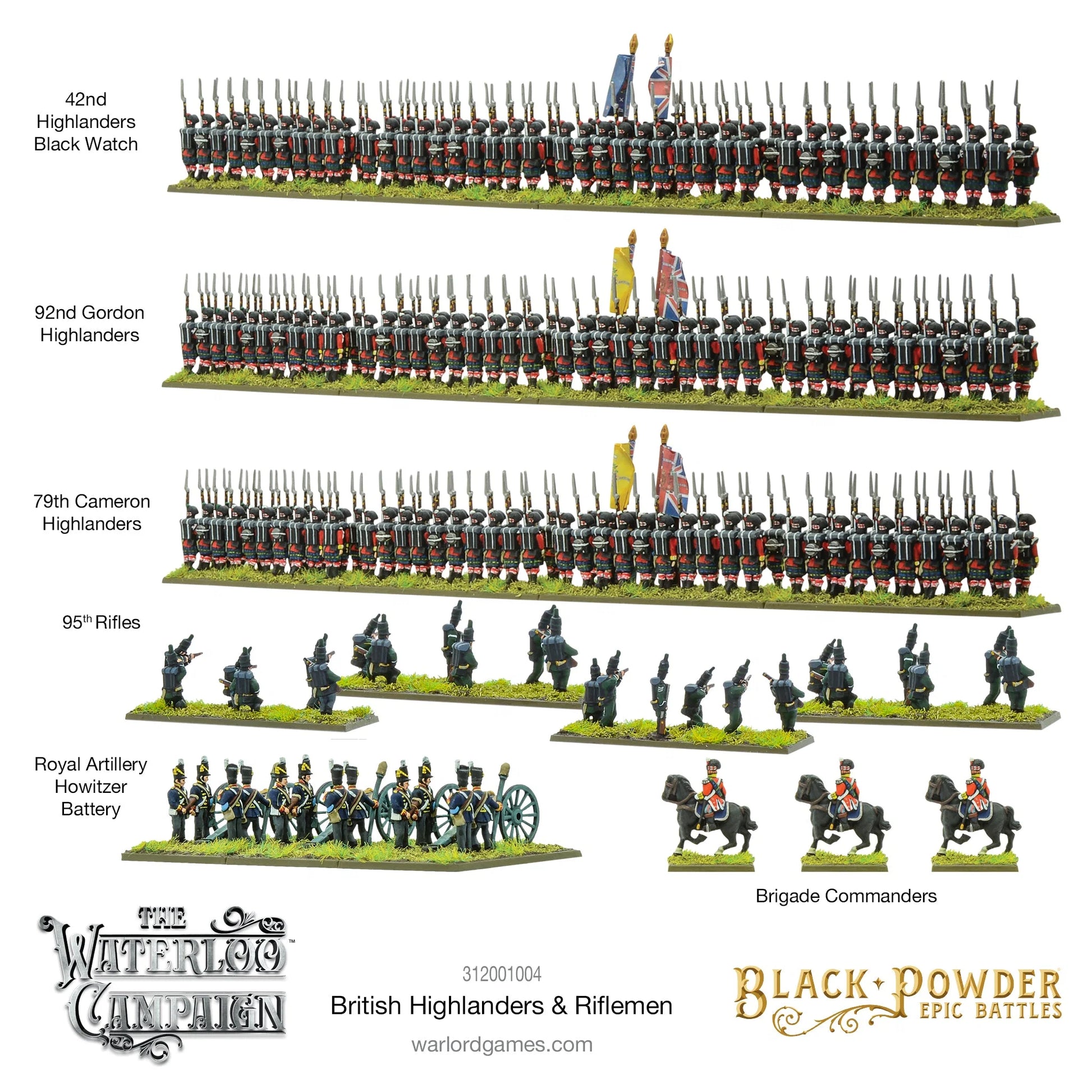 Black Powder Epic Battles Waterloo British Highlanders & Riflemen - 5 pomalowanych podstawek z opisami: 42nd Highlanders Black Watch (czarne czapki, tartanowe spódnice, flagi Union Jack i żółta), 92nd Gordon Highlanders (tartanowe spódnice, flagi Union Jack i czerwona), 79th Cameron Highlanders (tartanowe spódnice, flagi Union Jack i zielona), 95th Rifles (2 podstawki w ciemnozielonych mundurach w pozach skirmisherów) i Royal Artillery Howitzer Battery (3 haubice z obsługą) oraz Brigade Commanders (3 figurk