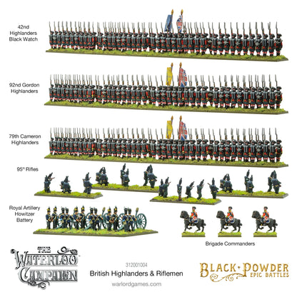 Black Powder Epic Battles Waterloo British Highlanders & Riflemen - 5 pomalowanych podstawek z opisami: 42nd Highlanders Black Watch (czarne czapki, tartanowe spódnice, flagi Union Jack i żółta), 92nd Gordon Highlanders (tartanowe spódnice, flagi Union Jack i czerwona), 79th Cameron Highlanders (tartanowe spódnice, flagi Union Jack i zielona), 95th Rifles (2 podstawki w ciemnozielonych mundurach w pozach skirmisherów) i Royal Artillery Howitzer Battery (3 haubice z obsługą) oraz Brigade Commanders (3 figurk