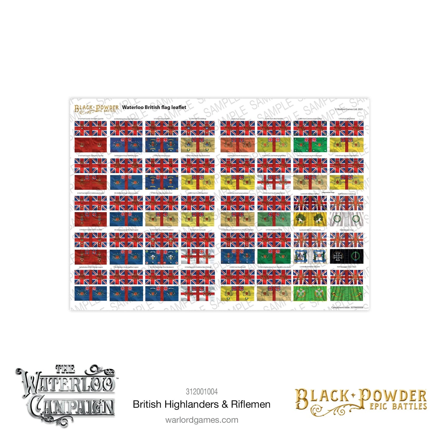 Black Powder Epic Battles Waterloo British Highlanders & Riflemen - arkusz flag Waterloo British Flag Leaflet z dziesiątkami kolorowych flag brytyjskich regimentów: King's Colours z Union Jack i Regimental Colours w różnych kolorach dla regimentów piechoty liniowej, Highlanders, KGL i innych jednostek - Warlord Games 312001004 - warlordgames.com
