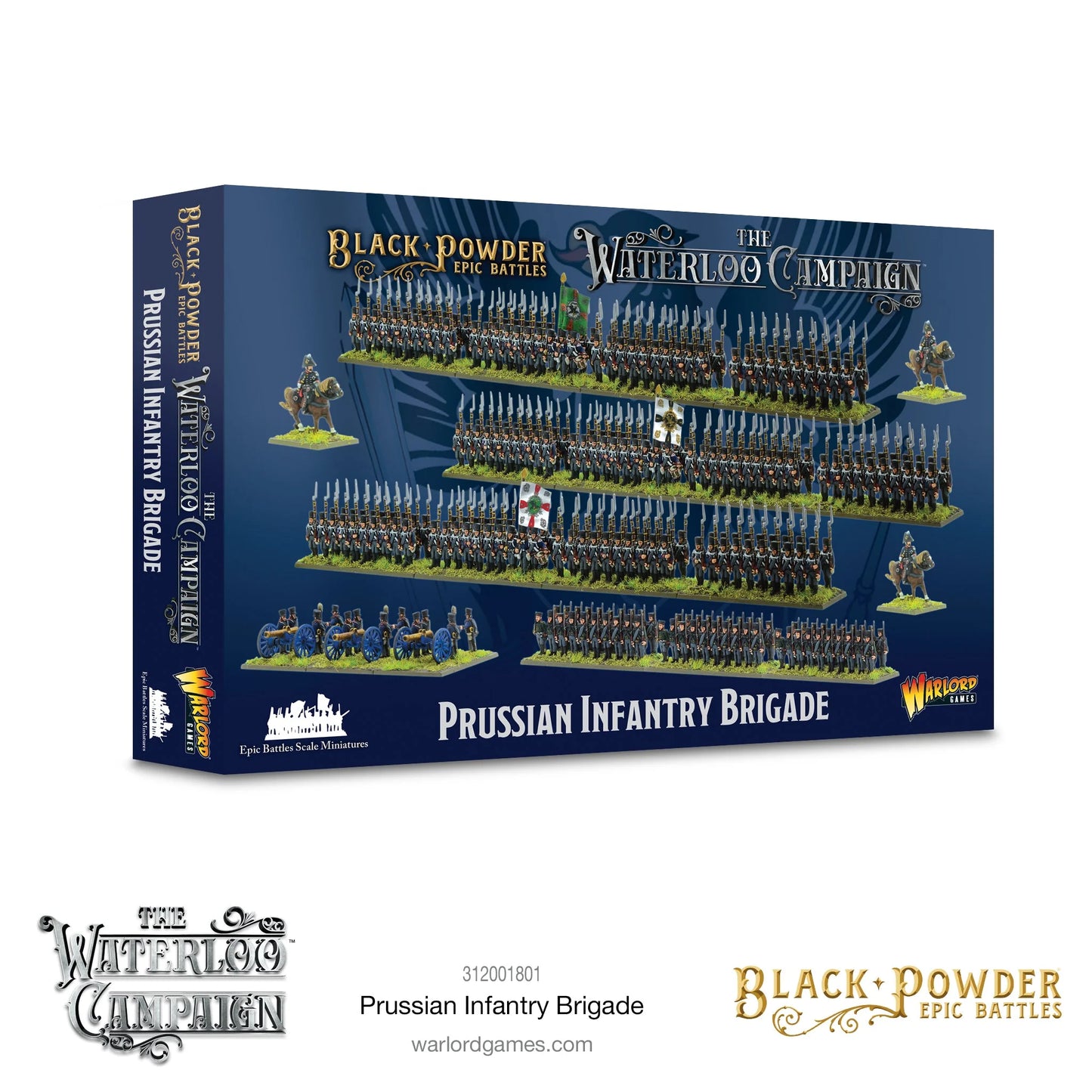 Black Powder Epic Battles Waterloo Prussian Infantry Brigade - pudełko zestawu na granatowym tle z fotografią wszystkich jednostek: 3 regimenty piechoty liniowej w ciemnogranatowych mundurach z flagami, Jägers, bateria armat 12-pdr z niebieskimi kołami i dowódcy konni - napis Prussian Infantry Brigade The Waterloo Campaign Black Powder Epic Battles - Warlord Games 312001801 - warlordgames.com

