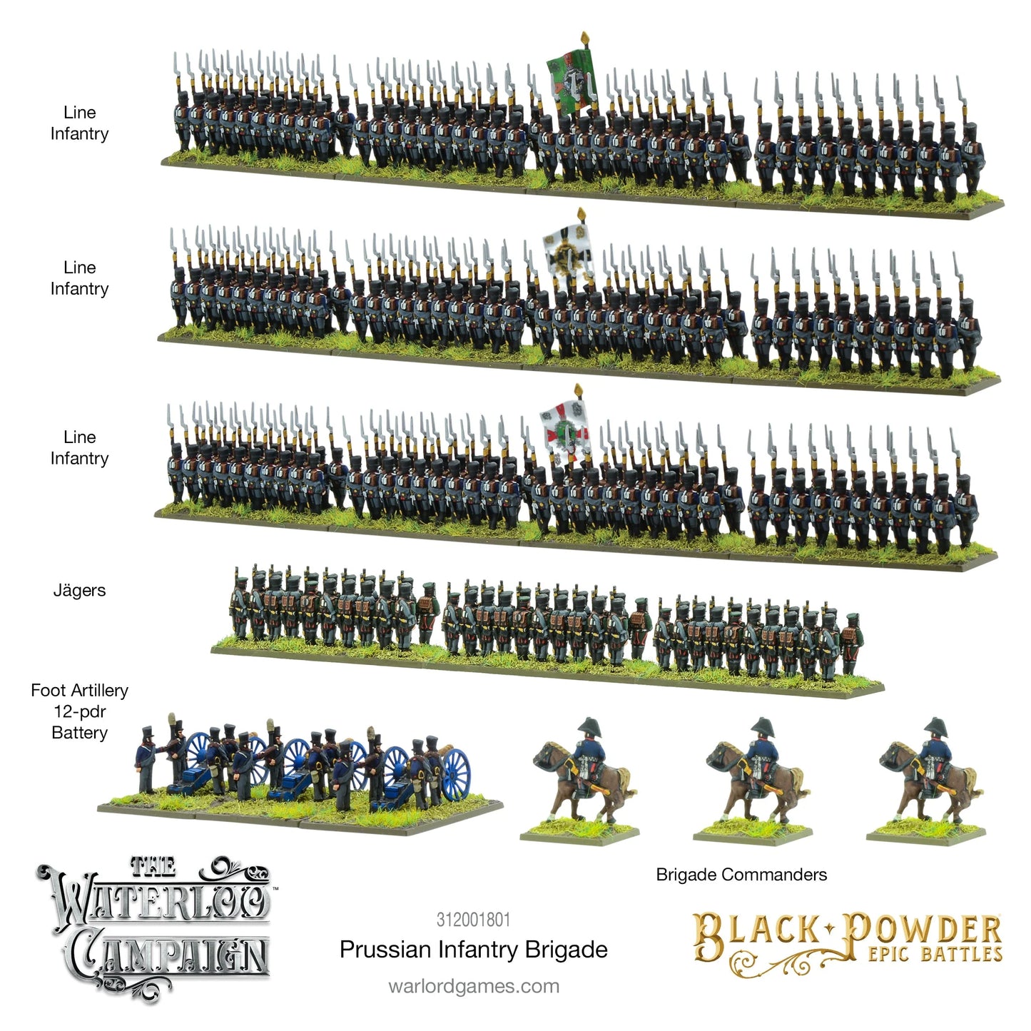 Black Powder Epic Battles Waterloo Prussian Infantry Brigade - zbliżenie 6 pomalowanych podstawek z opisami Line Infantry, Jägers, Foot Artillery 12-pdr Battery i Brigade Commanders: szczegóły mundurów pruskiej piechoty liniowej w ciemnogranatowych kurtkach z czerwonymi wyłogami i czarnymi czako, Jägers w szarozielonych mundurach i dowódcy konni w czarnych kapeluszach bicorne - Warlord Games 312001801 - warlordgames.com
