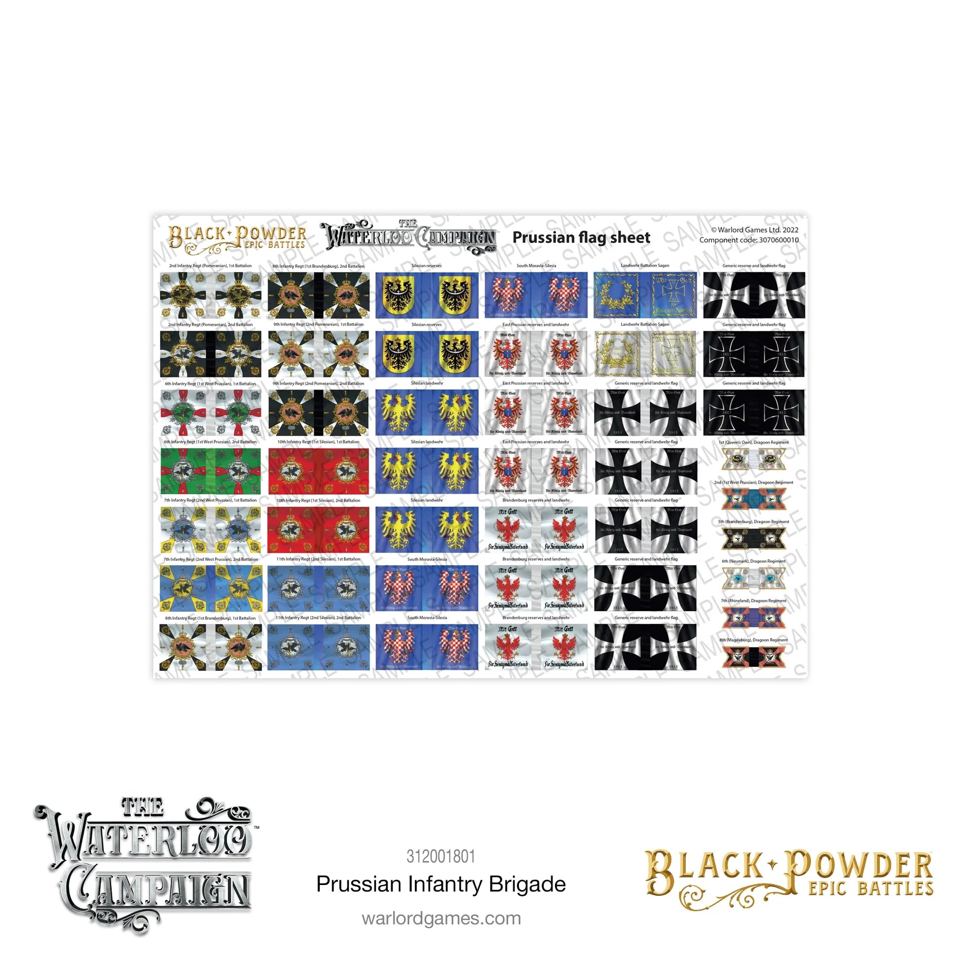 Black Powder Epic Battles Waterloo Prussian Infantry Brigade - arkusz Prussian Flag Sheet z dziesiątkami kolorowych flag pruskich regimentów: flagi piechoty liniowej (2nd, 6th, 7th, 8th, 9th, 10th, 11th Infantry Regiment) w czarno-białych i kolorowych wzorach z pruskim orłem, flagi Landwehr w czarno-białe krzyże żelazne, flagi Silesian reserves i Brandenburg reserves oraz flagi regimentów dragonów - Warlord Games 312001801 - warlordgames.com
