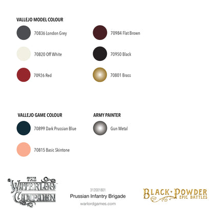 Black Powder Epic Battles Waterloo Prussian Infantry Brigade - rekomendowana paleta farb do malowania zestawu: Vallejo Model Colour 70836 London Grey, 70820 Off White, 70926 Red, 70984 Flat Brown, 70950 Black, 70801 Brass; Vallejo Game Colour 70899 Dark Prussian Blue, 70815 Basic Skintone; Army Painter Gun Metal - Warlord Games 312001801 - warlordgames.com
