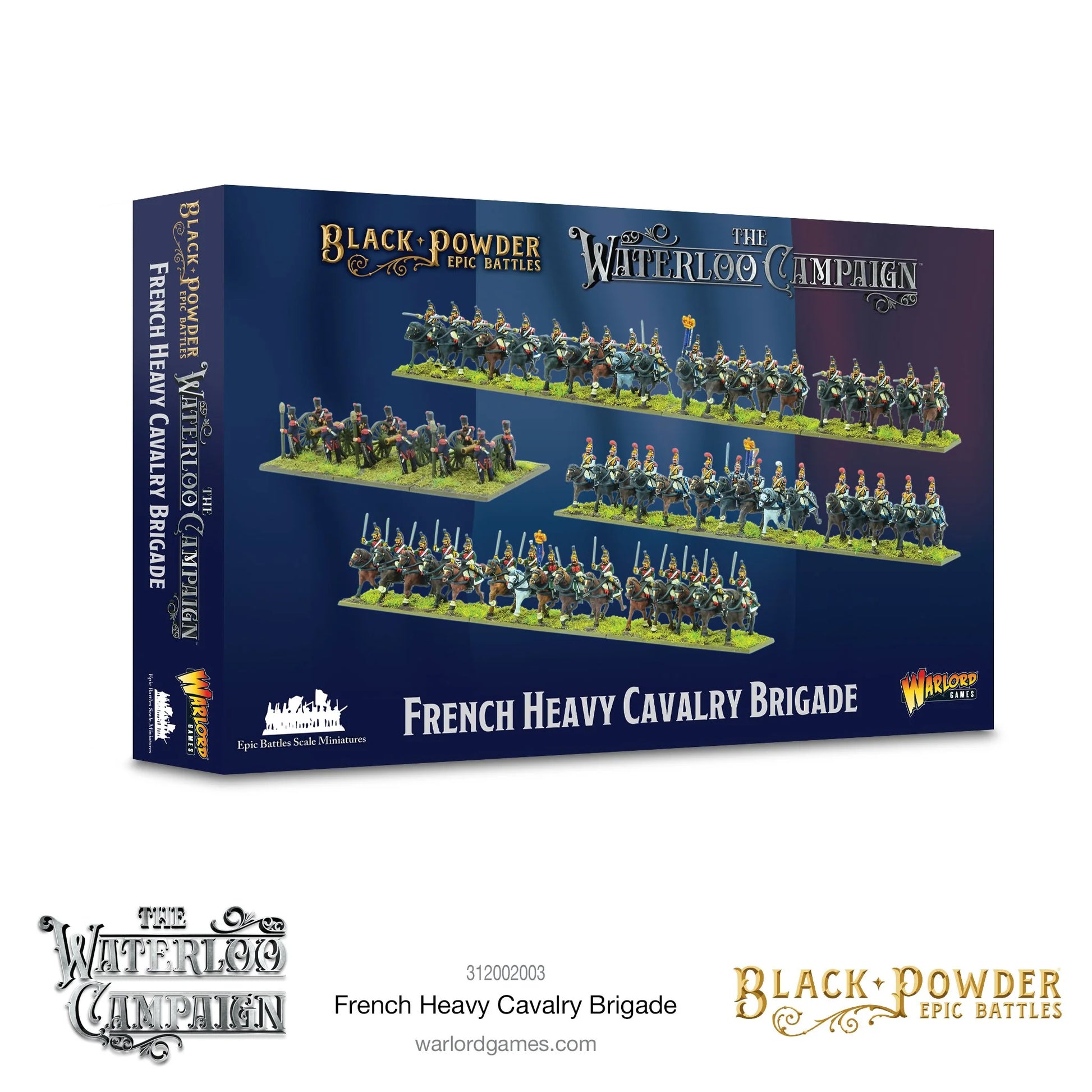 Black Powder Epic Battles Waterloo French Heavy Cavalry Brigade - pudełko zestawu na granatowym tle z fotografią 4 podstawek: Cuirassiers w stalowych kirysach, Carabiniers w miedzianych kirysach z czerwonymi pióropuszami, Dragoons w zielonych mundurach i Horse Artillery 6-pdr - napis French Heavy Cavalry Brigade The Waterloo Campaign Black Powder Epic Battles - Warlord Games 312002003 - warlordgames.com
