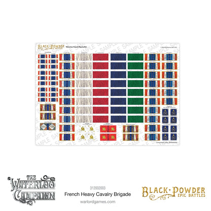 Black Powder Epic Battles Waterloo French Heavy Cavalry Brigade - arkusz flag Waterloo French Flag Leaflet z dziesiątkami kolorowych flag: niebiesko-biało-czerwone flagi kawalerii (Chasseurs à Cheval, Cuirassiers, Carabiniers, Lancers, Dragoons, Hussars), białe i kolorowe flagi piechoty liniowej, złote orły Imperial Guard i niebieskie znaczniki dowódców z literą N - Warlord Games 312002003 - warlordgames.com
