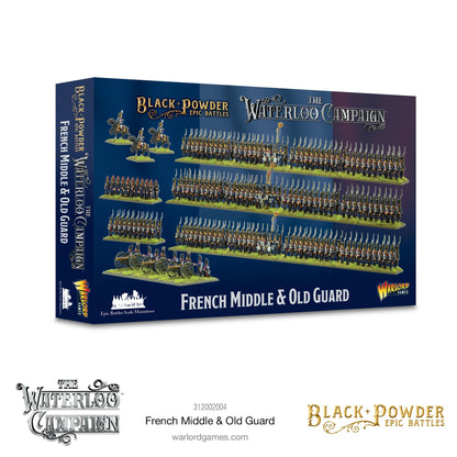 Black Powder Epic Battles Waterloo French Middle & Old Guard - pudełko zestawu na granatowym tle z fotografią wszystkich jednostek: 3 bataliony Gwardii w ciemnoniebieskich mundurach z czarnymi bearskinami, Engineers, Marines, artyleria 12-pdr i dowódcy konni - napis French Middle & Old Guard The Waterloo Campaign Black Powder Epic Battles - Warlord Games 312002004 - warlordgames.com
