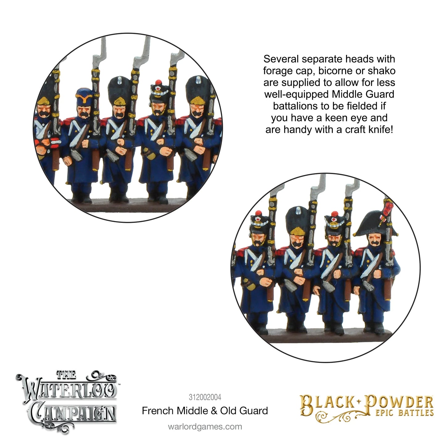 Black Powder Epic Battles Waterloo French Middle & Old Guard - dwa zbliżenia pomalowanych figurek 15mm: lewe z żołnierzami Old Guard w czarnych bearskinach z mosiężnymi płytkami i czerwonymi pomponikami, prawe z żołnierzami Middle Guard z opcjonalnymi głowami w czako i bicorne zamiast bearskin - opis Several separate heads with forage cap bicorne or shako are supplied - Warlord Games 312002004 - warlordgames.com

