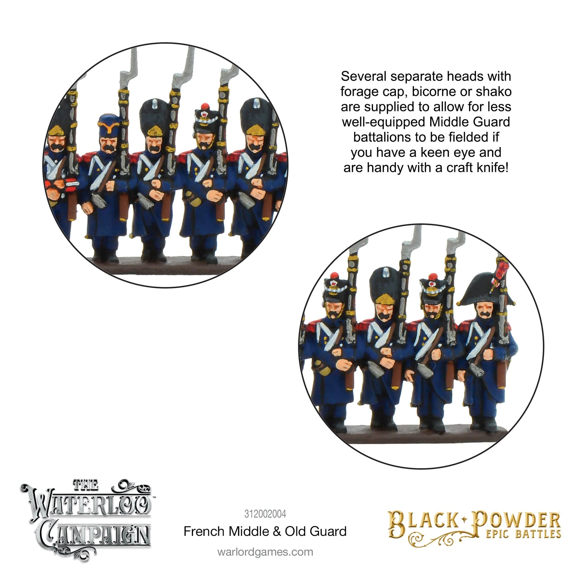 Black Powder Epic Battles Waterloo French Middle & Old Guard - dwa zbliżenia pomalowanych figurek 15mm: lewe z żołnierzami Old Guard w czarnych bearskinach z mosiężnymi płytkami i czerwonymi pomponikami, prawe z żołnierzami Middle Guard z opcjonalnymi głowami w czako i bicorne zamiast bearskin - opis Several separate heads with forage cap bicorne or shako are supplied - Warlord Games 312002004 - warlordgames.com
