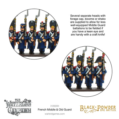Black Powder Epic Battles Waterloo French Middle & Old Guard - dwa zbliżenia pomalowanych figurek 15mm: lewe z żołnierzami Old Guard w czarnych bearskinach z mosiężnymi płytkami i czerwonymi pomponikami, prawe z żołnierzami Middle Guard z opcjonalnymi głowami w czako i bicorne zamiast bearskin - opis Several separate heads with forage cap bicorne or shako are supplied - Warlord Games 312002004 - warlordgames.com
