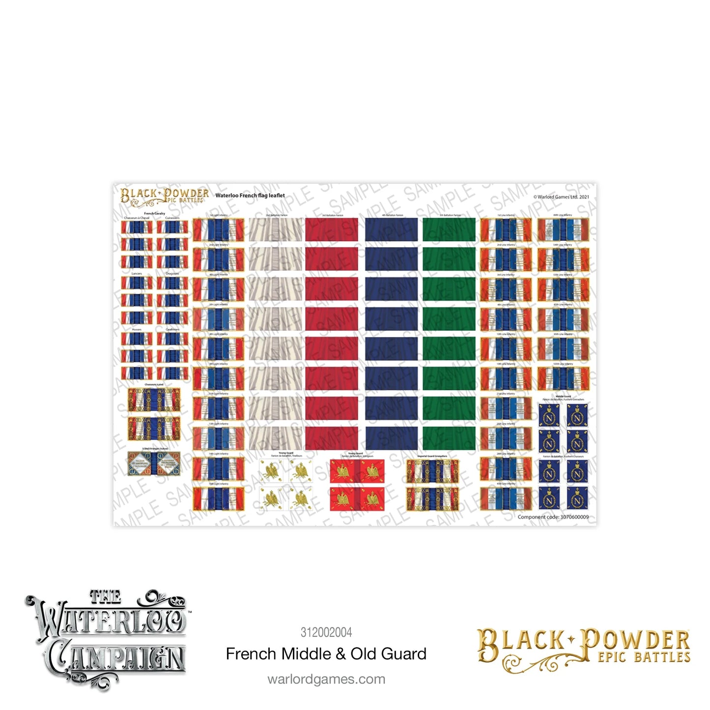 Black Powder Epic Battles Waterloo French Middle & Old Guard - arkusz flag Waterloo French Flag Leaflet z dziesiątkami kolorowych flag: niebiesko-biało-czerwone flagi kawalerii, białe i kolorowe flagi piechoty liniowej w kolumnach (białe, czerwone, niebieskie, zielone), złote orły Imperial Guard i niebieskie znaczniki dowódców z literą N - Warlord Games 312002004 - warlordgames.com
