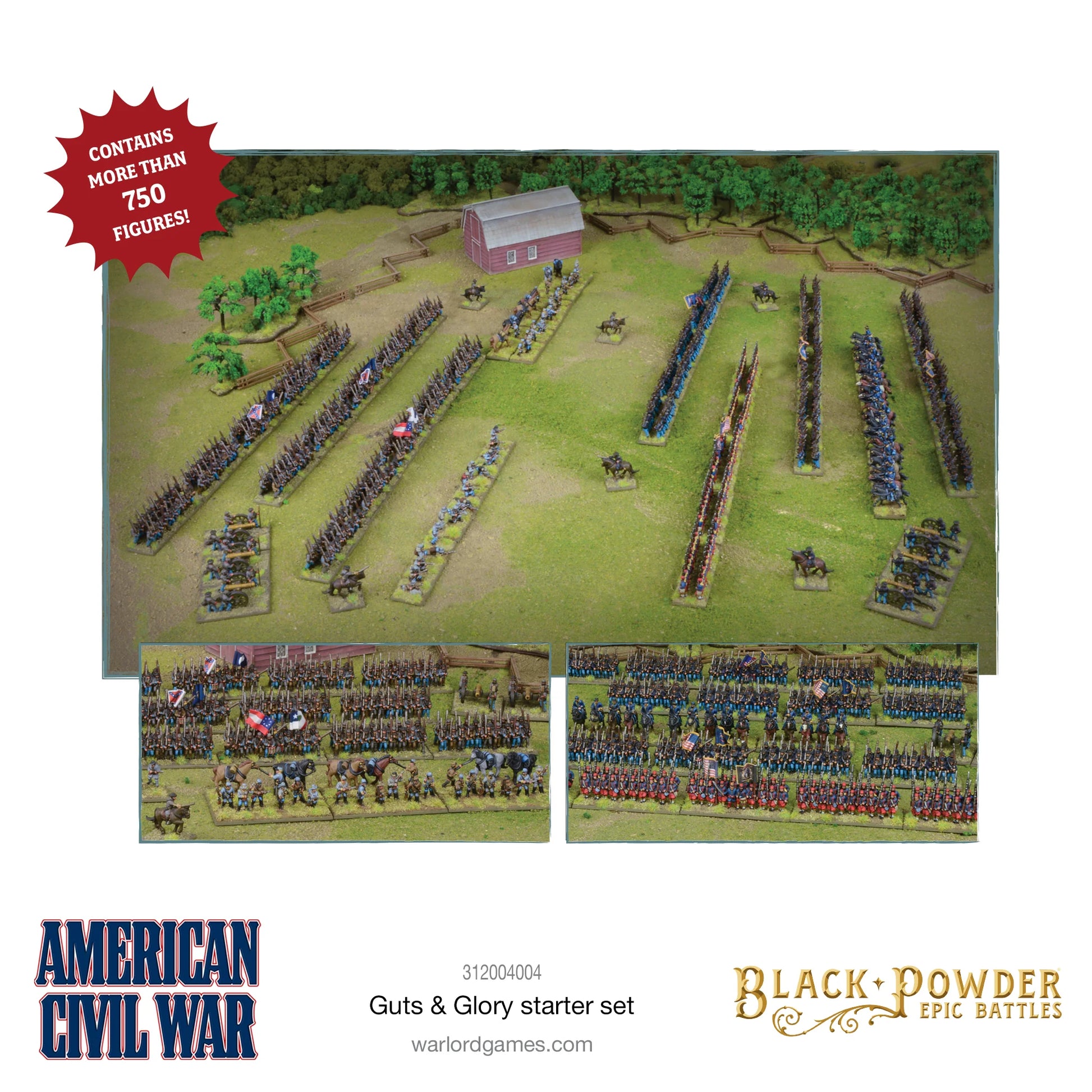 Black Powder Epic Battles American Civil War Guts & Glory Starter Set - widok z lotu ptaka na rozstawione armie: szare regimenty Konfederatów naprzeciwko niebieskich regimentów Unii na zielonym stole z czerwoną stodołą MDF i płotami snake fence, plus dwa zbliżenia na regimenty Konfederatów i Unii z flagami - ponad 750 figurek - Warlord Games 312004004 - warlordgames.com
