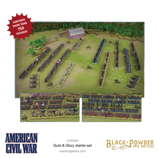 Black Powder Epic Battles American Civil War Guts & Glory Starter Set - widok z lotu ptaka na rozstawione armie: szare regimenty Konfederatów naprzeciwko niebieskich regimentów Unii na zielonym stole z czerwoną stodołą MDF i płotami snake fence, plus dwa zbliżenia na regimenty Konfederatów i Unii z flagami - ponad 750 figurek - Warlord Games 312004004 - warlordgames.com
