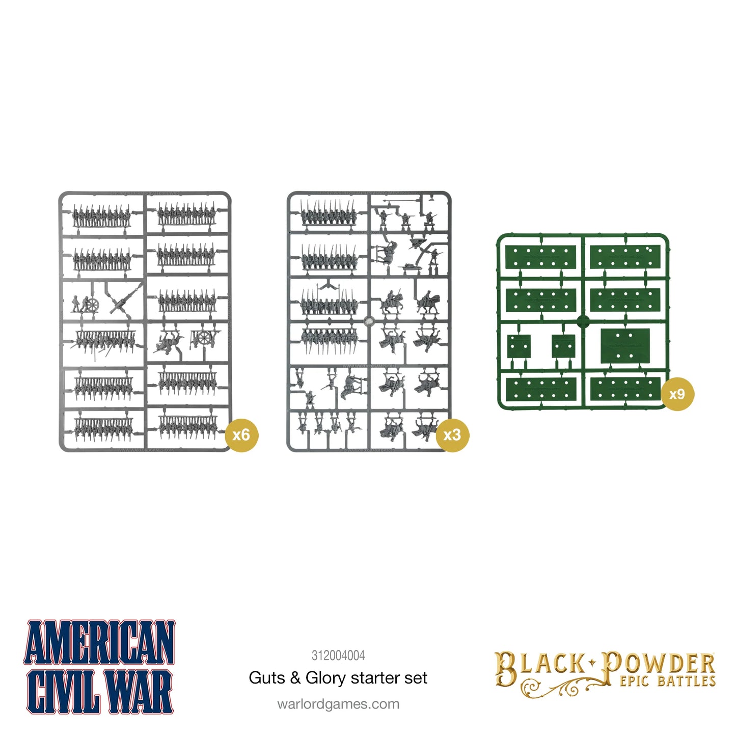 Black Powder Epic Battles American Civil War Guts & Glory Starter Set - trzy sprusy plastikowe: 6x szary sprus piechoty ACW z figurkami żołnierzy, armat i dowódców, 3x szary sprus kawalerii i dismounted cavalry, 9x zielony sprus podstawek - Warlord Games 312004004 - warlordgames.com
